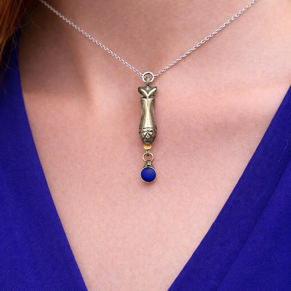 Vintage Afghani German Silver Lapis Lazuli Pendant Boho Tribal Jewelry